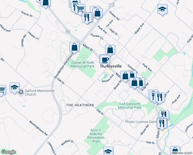 map of restaurants, bars, coffee shops, grocery stores, and more near 335 Maple Avenue in Harleysville