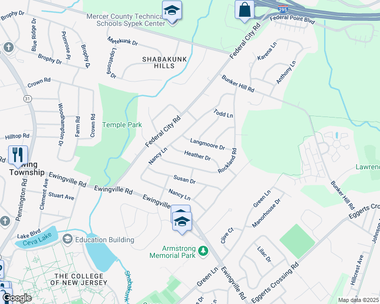 map of restaurants, bars, coffee shops, grocery stores, and more near 16 Heather Drive in Ewing Township