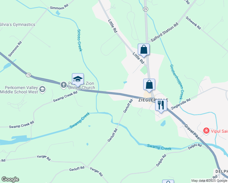 map of restaurants, bars, coffee shops, grocery stores, and more near 115 Big Road in Perkiomenville