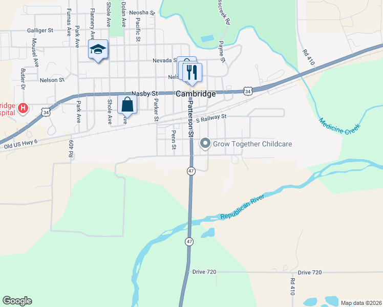 map of restaurants, bars, coffee shops, grocery stores, and more near Nebraska 47 in Cambridge