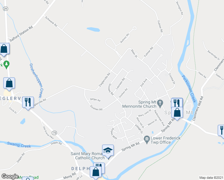 map of restaurants, bars, coffee shops, grocery stores, and more near 201 Grimley Road in Schwenksville