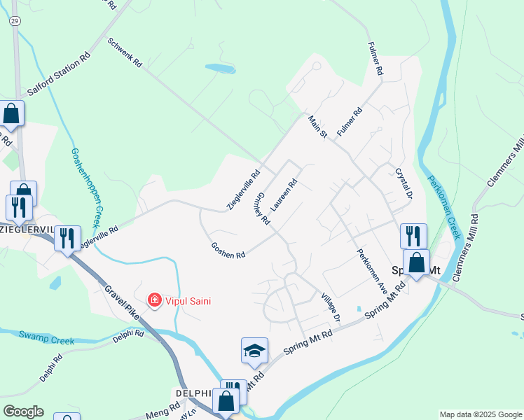 map of restaurants, bars, coffee shops, grocery stores, and more near 207 Grimley Road in Schwenksville