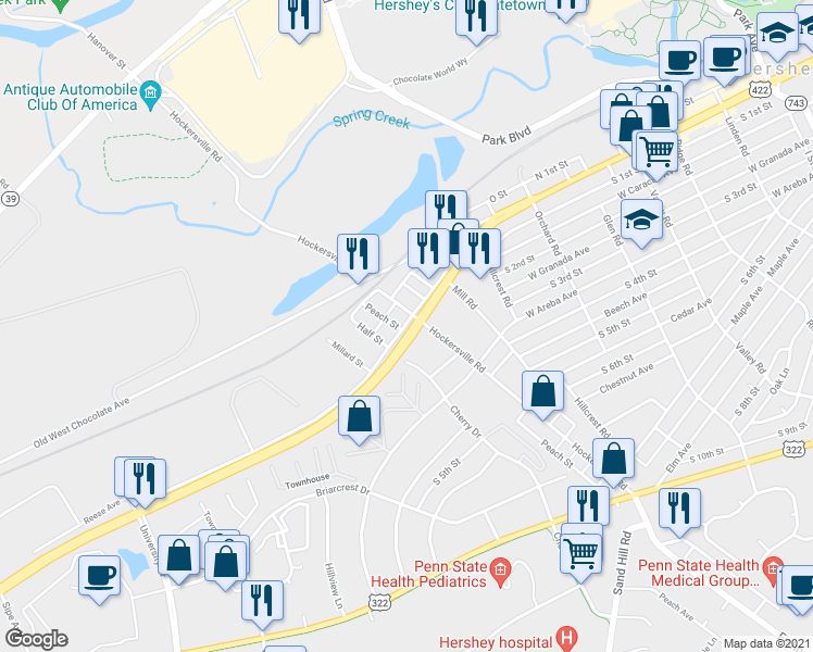 map of restaurants, bars, coffee shops, grocery stores, and more near 102 Reese Avenue in Hershey