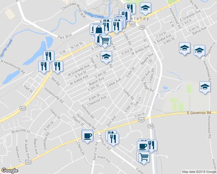 map of restaurants, bars, coffee shops, grocery stores, and more near 348 Cedar Avenue in Hershey
