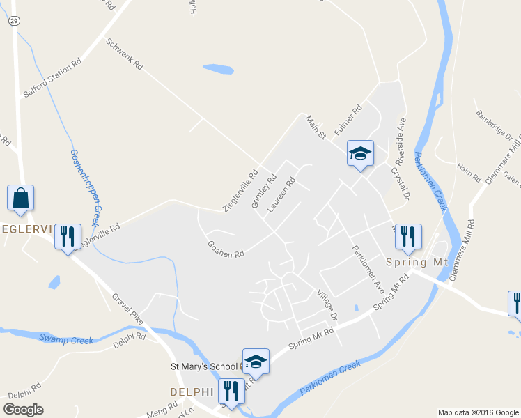 map of restaurants, bars, coffee shops, grocery stores, and more near 207 Grimley Road in Schwenksville