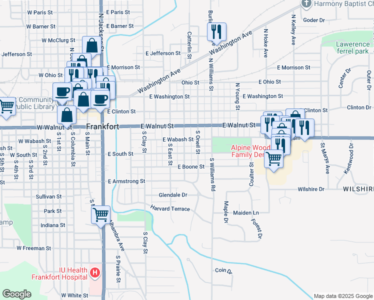 map of restaurants, bars, coffee shops, grocery stores, and more near 800 East South Street in Frankfort