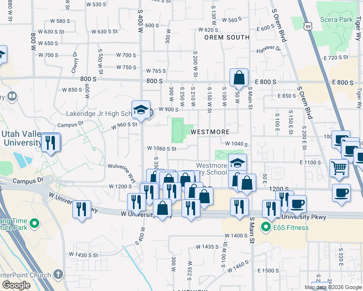 map of restaurants, bars, coffee shops, grocery stores, and more near 244 West 1060 South Street in Orem