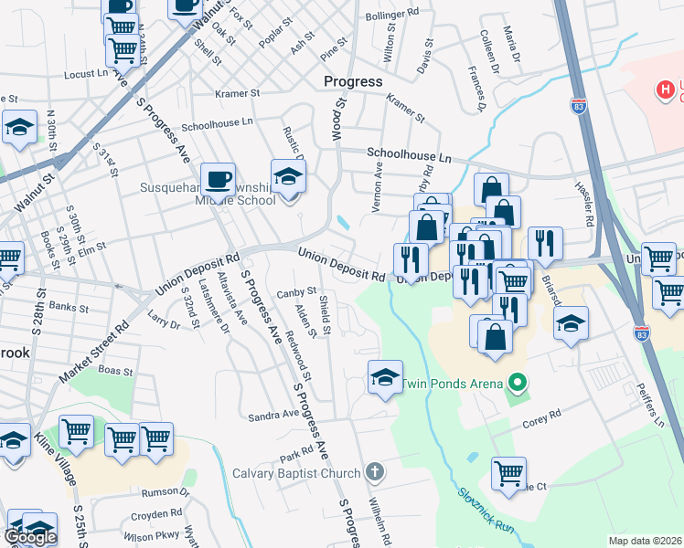 map of restaurants, bars, coffee shops, grocery stores, and more near 3513 Union Deposit Road in Harrisburg