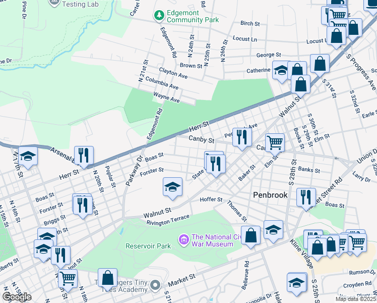 map of restaurants, bars, coffee shops, grocery stores, and more near 2260 Boas St in Harrisburg