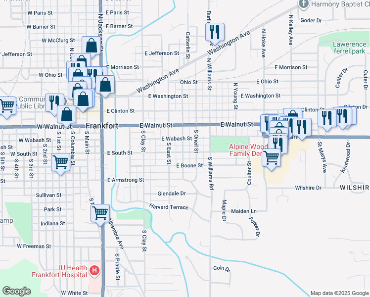 map of restaurants, bars, coffee shops, grocery stores, and more near 800 East South Street in Frankfort