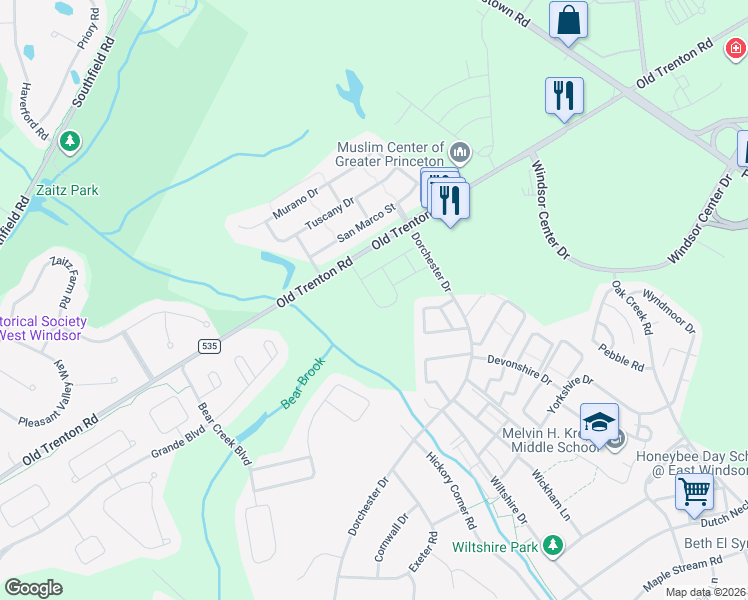 map of restaurants, bars, coffee shops, grocery stores, and more near 100 Princeton Arms N I in East Windsor