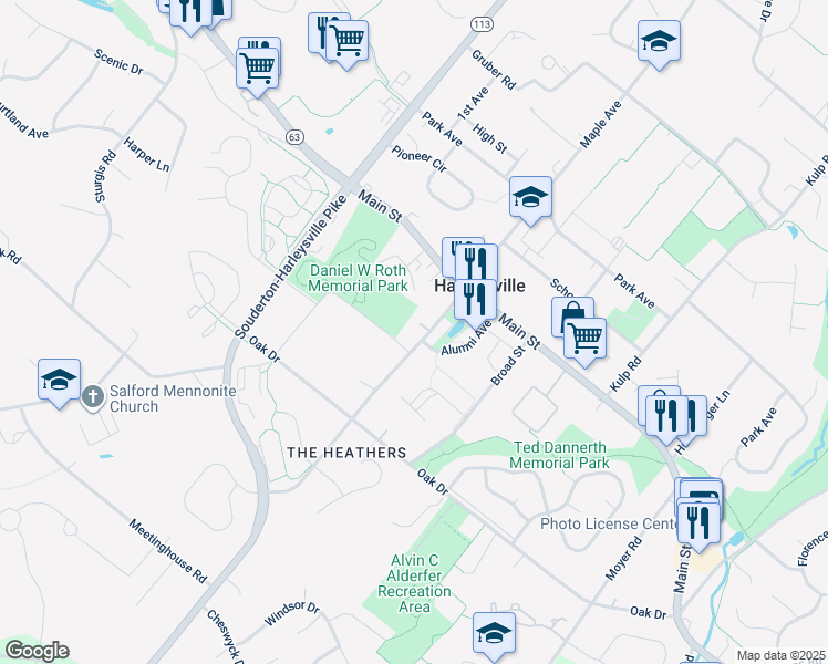 map of restaurants, bars, coffee shops, grocery stores, and more near 335 Maple Avenue in Harleysville