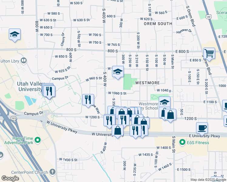 map of restaurants, bars, coffee shops, grocery stores, and more near 352 West 1060 South Street in Orem