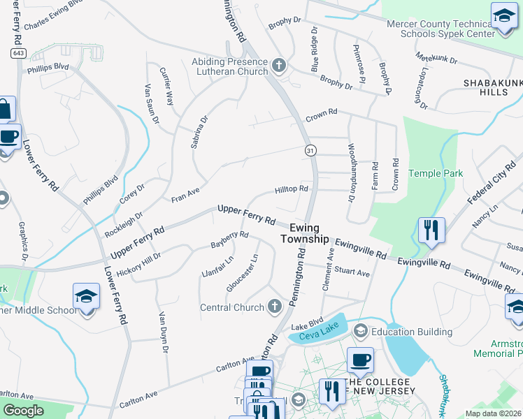 map of restaurants, bars, coffee shops, grocery stores, and more near 24 Upper Ferry Road in Ewing Township