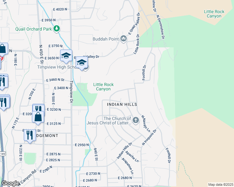 map of restaurants, bars, coffee shops, grocery stores, and more near 3298 Cherokee Lane in Provo