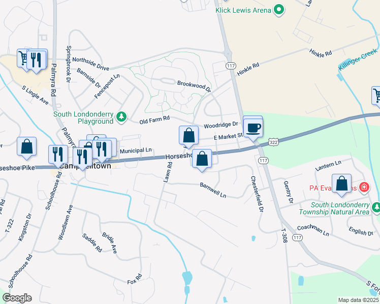 map of restaurants, bars, coffee shops, grocery stores, and more near 2747 East Main Street in Palmyra