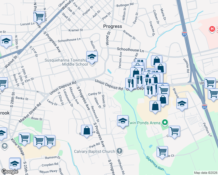 map of restaurants, bars, coffee shops, grocery stores, and more near 3513 Union Deposit Road in Harrisburg