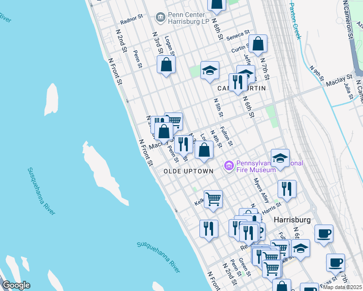 map of restaurants, bars, coffee shops, grocery stores, and more near 2024 Susquehanna Street in Harrisburg