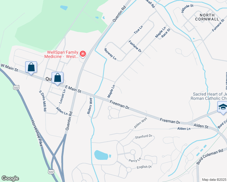 map of restaurants, bars, coffee shops, grocery stores, and more near 104 Maple Lane in Lebanon