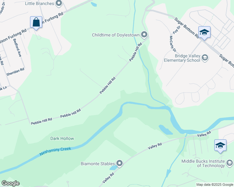 map of restaurants, bars, coffee shops, grocery stores, and more near 1255 Pebble Hill Road in Doylestown