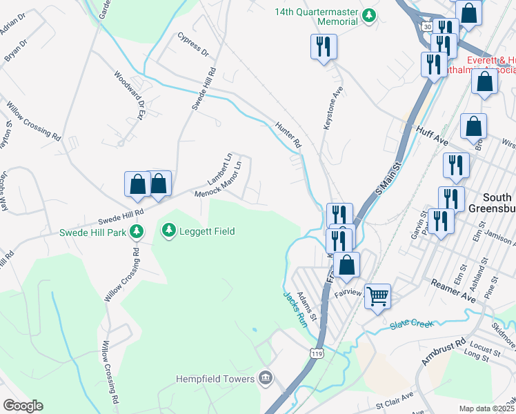 map of restaurants, bars, coffee shops, grocery stores, and more near 218 Moon Stone Lane in Greensburg