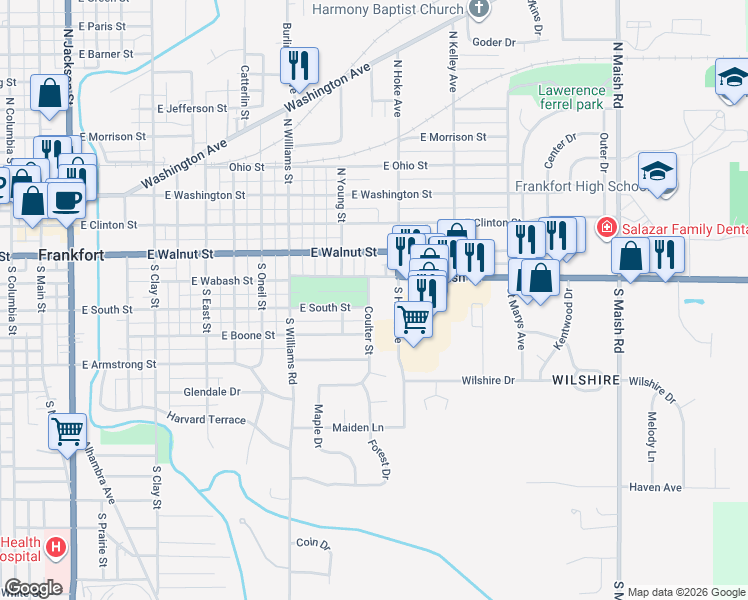 map of restaurants, bars, coffee shops, grocery stores, and more near 359 Coulter Street in Frankfort
