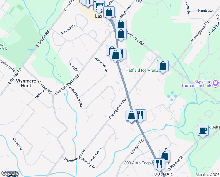 map of restaurants, bars, coffee shops, grocery stores, and more near 2821 Valley Woods Road in Hatfield