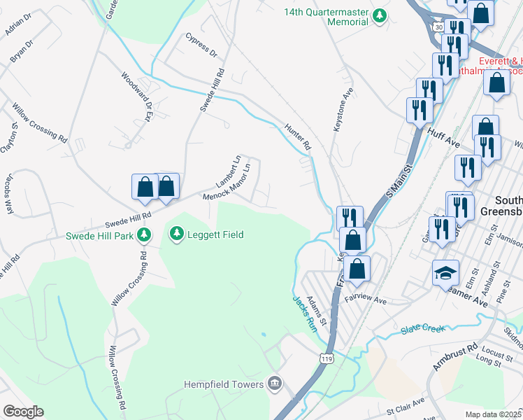 map of restaurants, bars, coffee shops, grocery stores, and more near 218 Moon Stone Lane in Greensburg