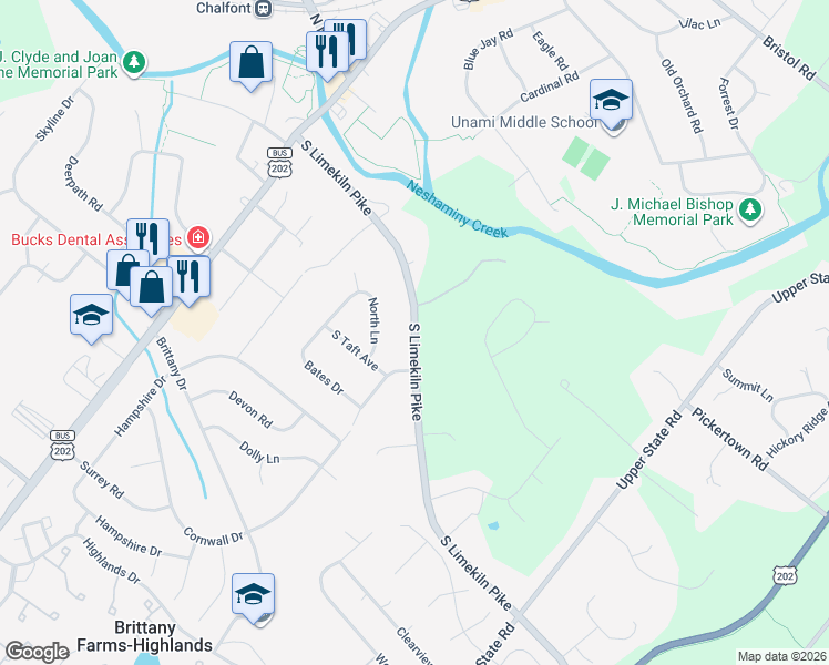 map of restaurants, bars, coffee shops, grocery stores, and more near 122 South Limekiln Pike in Chalfont