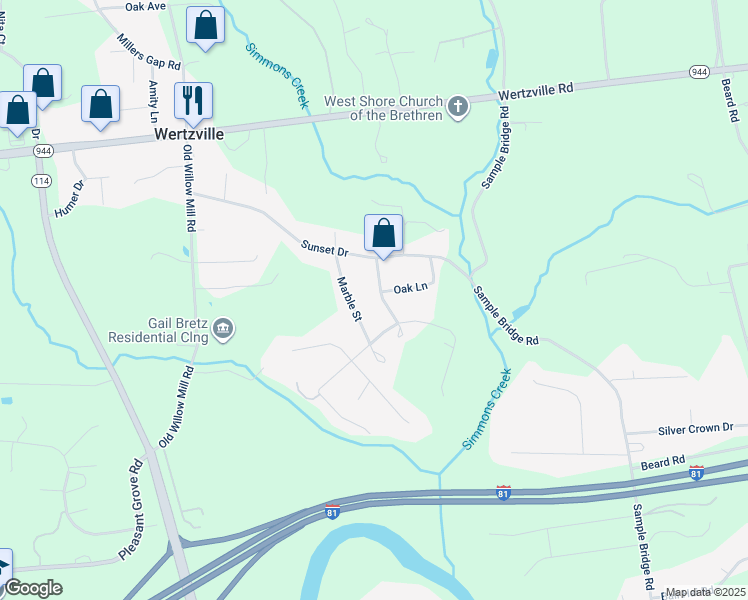 map of restaurants, bars, coffee shops, grocery stores, and more near 10 White Birch Avenue in Mechanicsburg