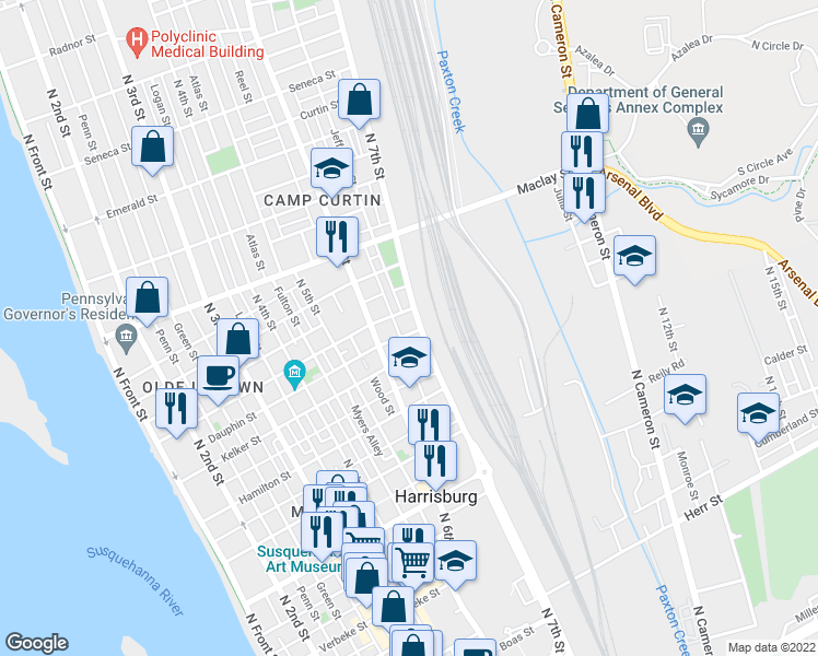 map of restaurants, bars, coffee shops, grocery stores, and more near 642 Dauphin Street in Harrisburg