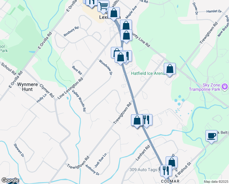 map of restaurants, bars, coffee shops, grocery stores, and more near 2821 Valley Woods Road in Hatfield