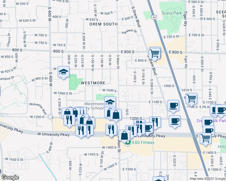 map of restaurants, bars, coffee shops, grocery stores, and more near 29 West 1040 South in Orem