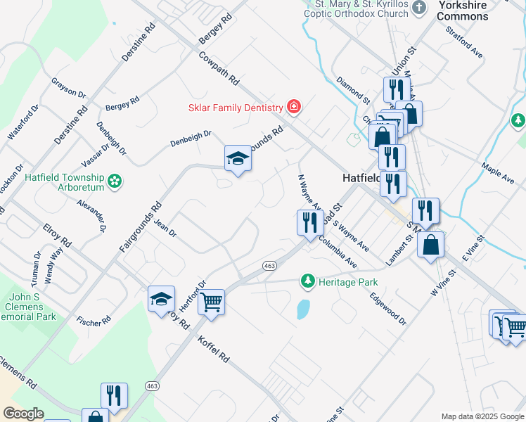 map of restaurants, bars, coffee shops, grocery stores, and more near 203 Jade Drive in Hatfield