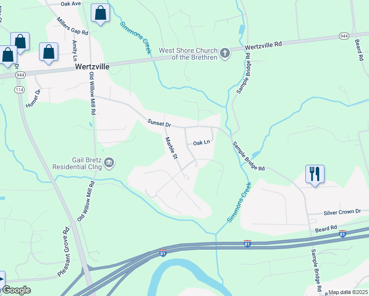 map of restaurants, bars, coffee shops, grocery stores, and more near 10 White Birch Avenue in Mechanicsburg