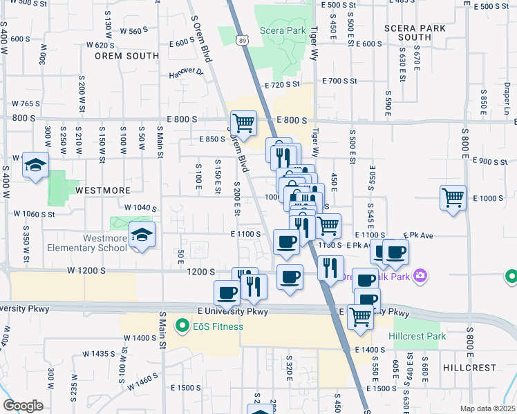 map of restaurants, bars, coffee shops, grocery stores, and more near 1030 South Orem Boulevard in Orem