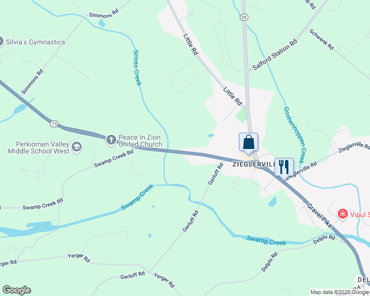 map of restaurants, bars, coffee shops, grocery stores, and more near 115 Big Road in Perkiomenville
