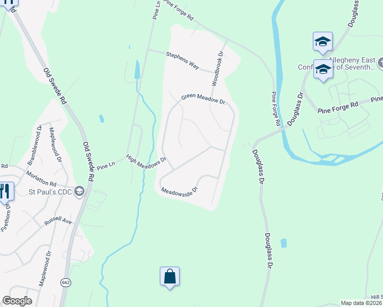 map of restaurants, bars, coffee shops, grocery stores, and more near 18 Meadowside Drive in Douglassville