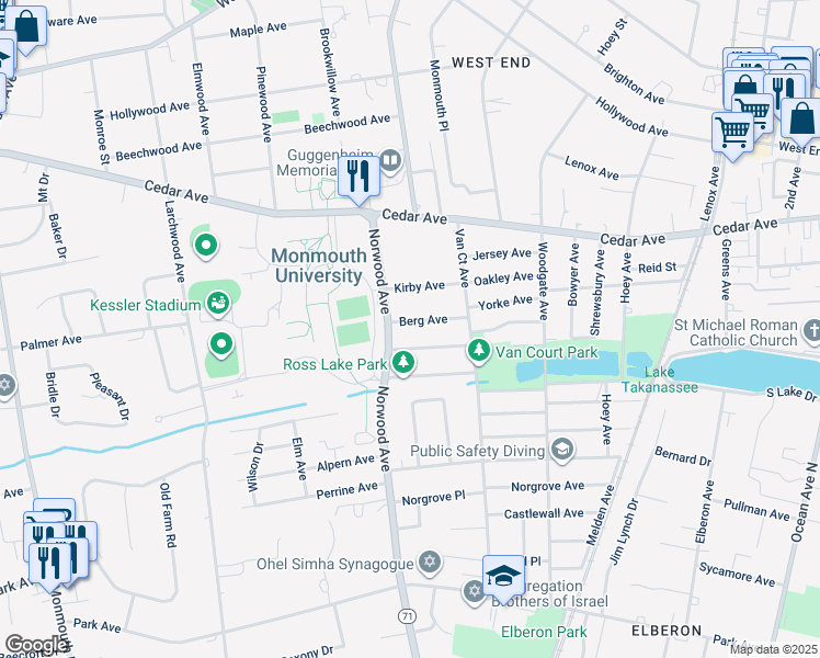map of restaurants, bars, coffee shops, grocery stores, and more near 401 Clarence Avenue in Long Branch