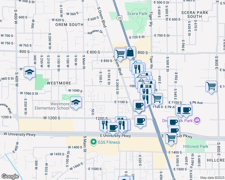 map of restaurants, bars, coffee shops, grocery stores, and more near 1052 Virginia Circle in Orem