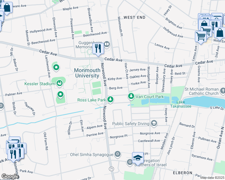 map of restaurants, bars, coffee shops, grocery stores, and more near 401 Clarence Avenue in Long Branch