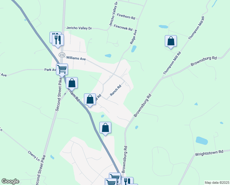 map of restaurants, bars, coffee shops, grocery stores, and more near 143 Ranch Road in Newtown