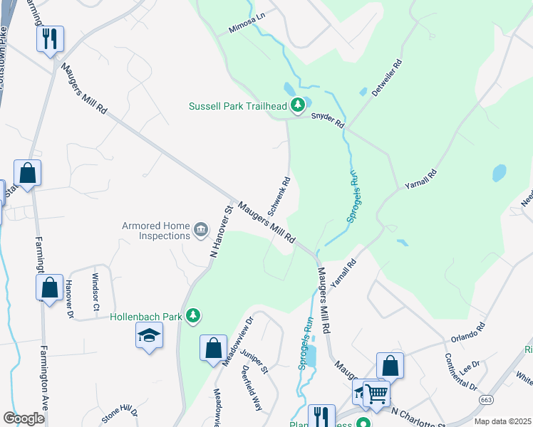 map of restaurants, bars, coffee shops, grocery stores, and more near 213 Maugers Mill Road in Pottstown