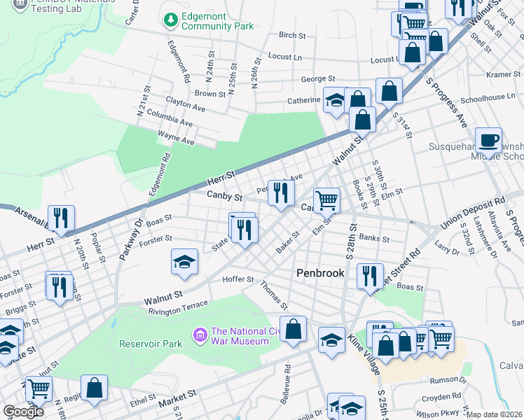 map of restaurants, bars, coffee shops, grocery stores, and more near 2516 Walnut Street in Harrisburg