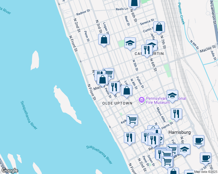 map of restaurants, bars, coffee shops, grocery stores, and more near 2051 Penn Street in Harrisburg