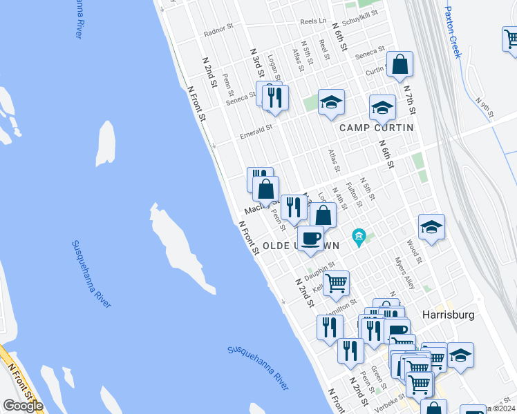 map of restaurants, bars, coffee shops, grocery stores, and more near 2100 North 2nd Street in Harrisburg