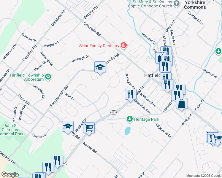 map of restaurants, bars, coffee shops, grocery stores, and more near 203 Jade Drive in Hatfield