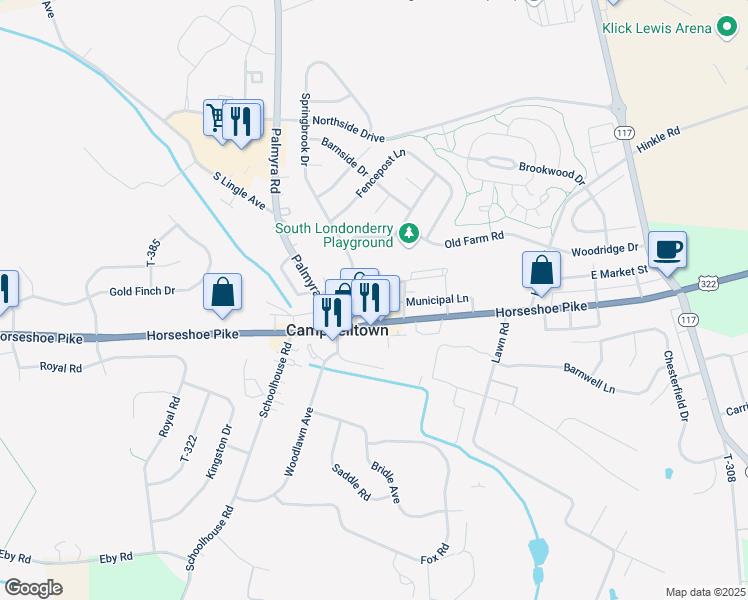 map of restaurants, bars, coffee shops, grocery stores, and more near 36 West Market Street in Palmyra