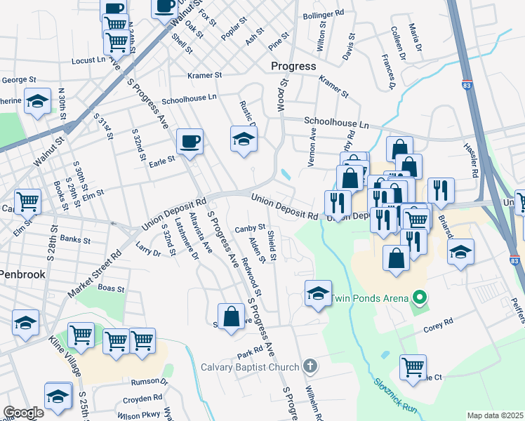 map of restaurants, bars, coffee shops, grocery stores, and more near 405 Shield Street in Harrisburg