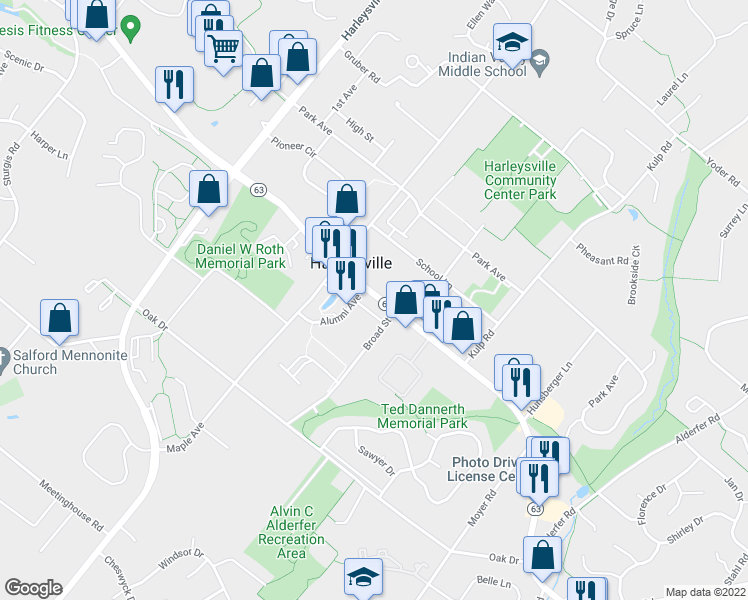 map of restaurants, bars, coffee shops, grocery stores, and more near 468 Main Street in Harleysville